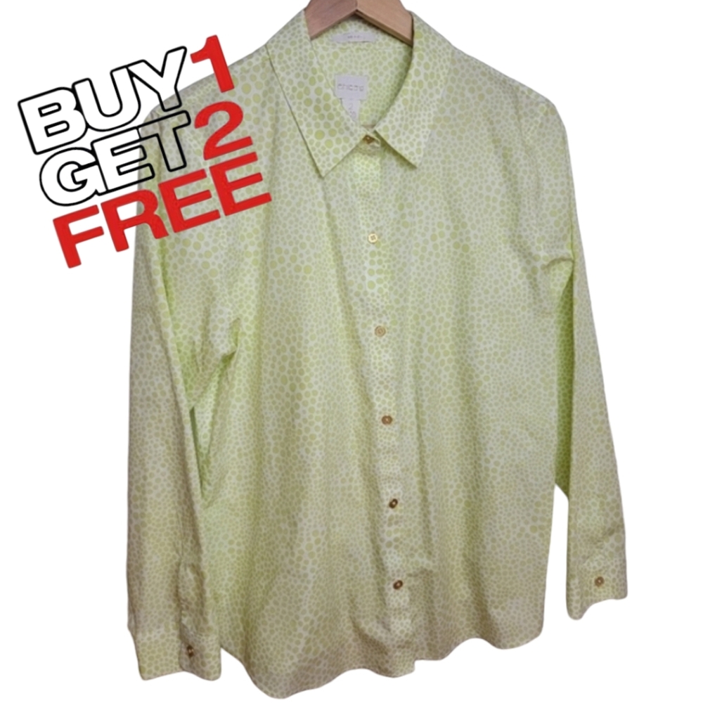 CHICOS 2 White Soft Lime Green Dot Button Down‎ Shirt Large